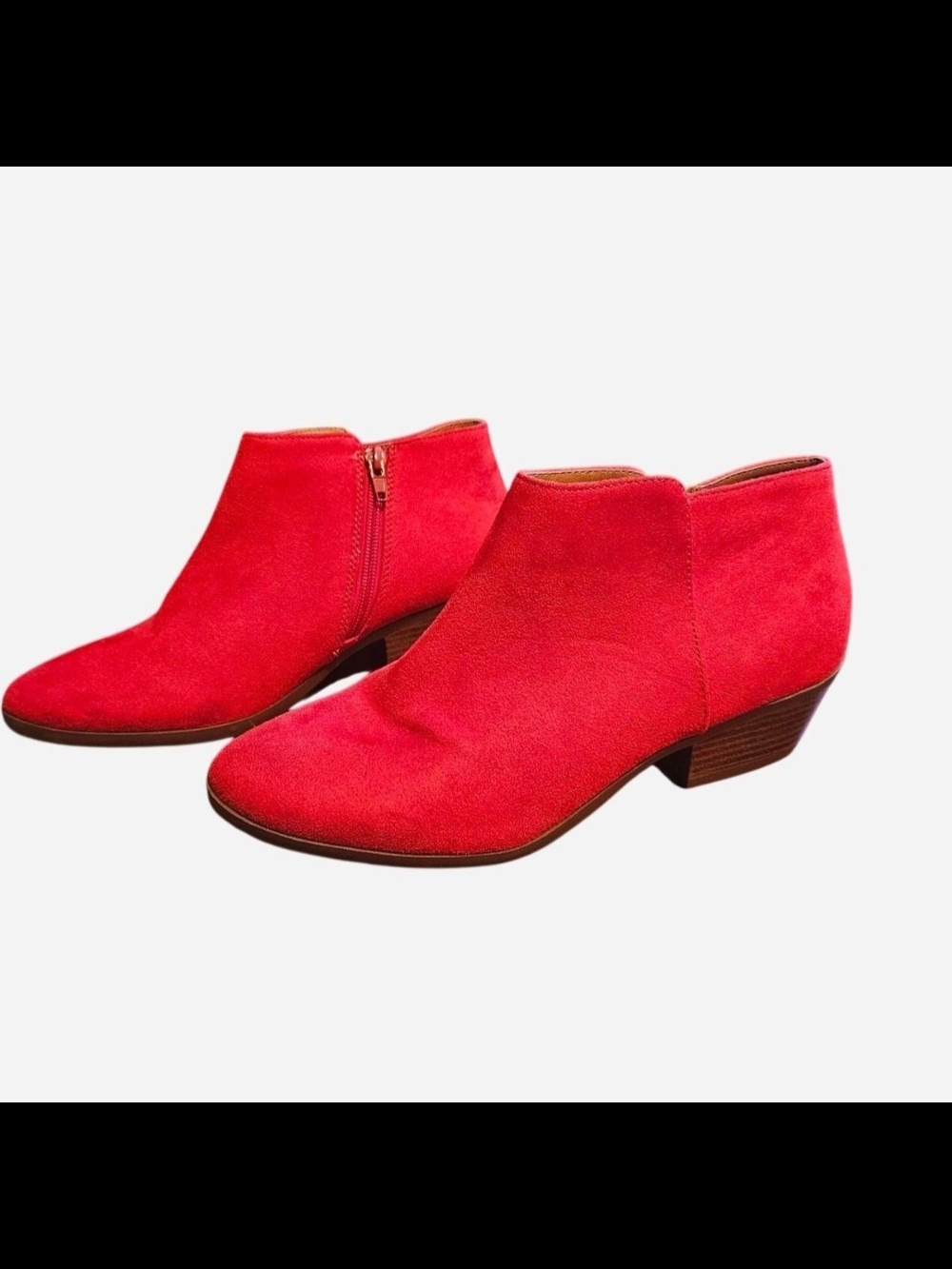 J. Adams Red Suede Ankle Booties with Low Stacked Heel